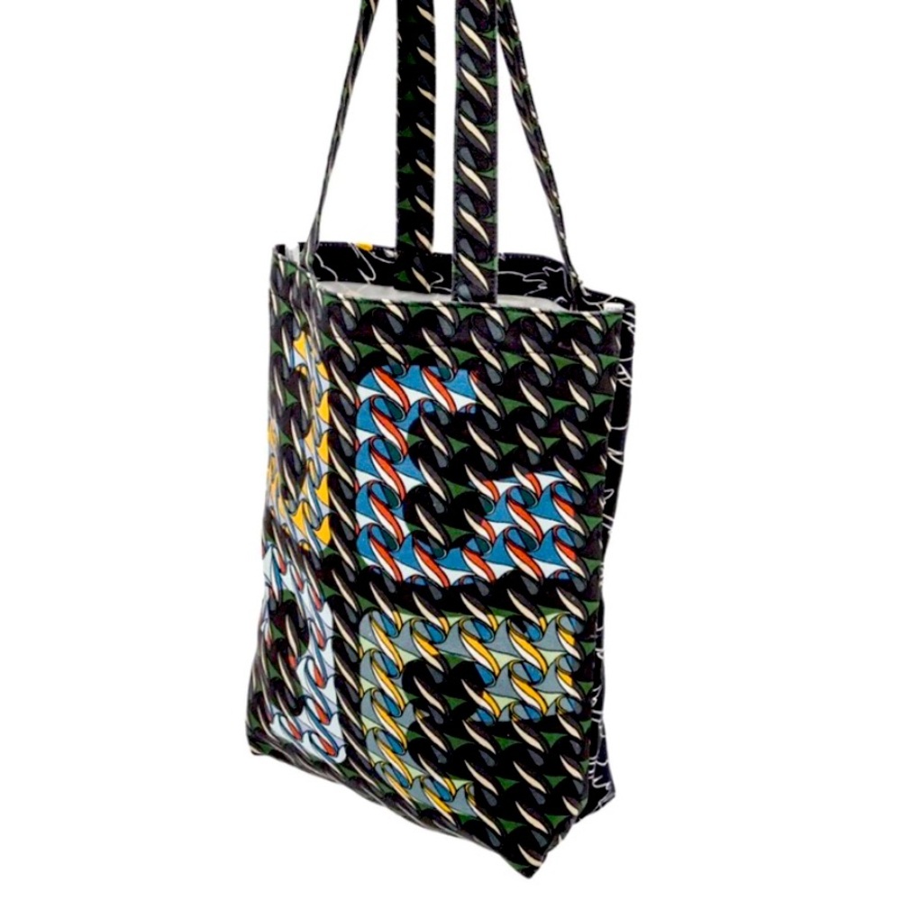 Tory Burch Swan Ribbon Abstract Geometric Print Pattern Cotton Canvas Tote Purse